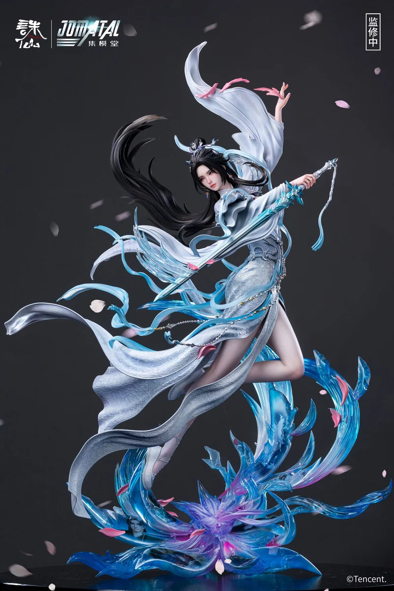 "1/4 Lu Xueqi Zhu Xian Statue. Shows hyper-realistic eyes, real lashes, metal sword, intricate details from all angles."