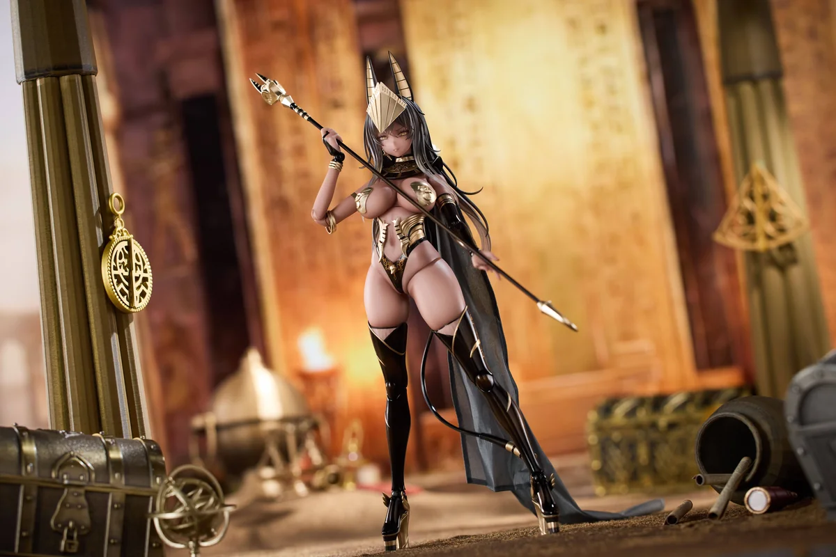 "A premium 1/12 Zi Wuna Priestess Movable Figure from Otherwhere Studio, showcasing intricate purple armor, flowing fabrics, weapon details, and full