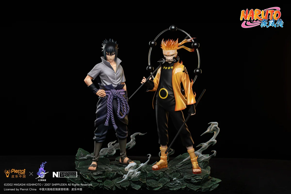 "Officially licensed 1/6 scale Naruto Uzumaki & Sasuke Uchiha resin statue. Detailed gallery views showcase dynamic LED effects and premium sculpts."