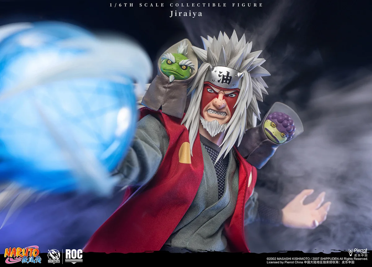 "Deluxe 1/6 scale Jiraiya movable figure from Naruto Shippuden by ROCKET TOYS, showcasing extensive accessories, LED features, and dynamic Sage Mode."