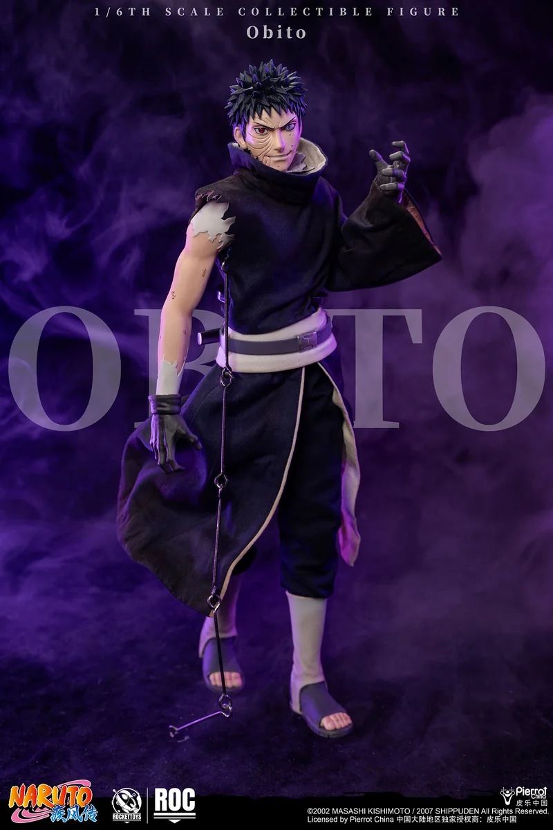 "Ultra-poseable 1/6 Obito Uchiha figure by Rocket Toys, showcasing battle-damaged sculpt details, multiple eye options, and dynamic poses."