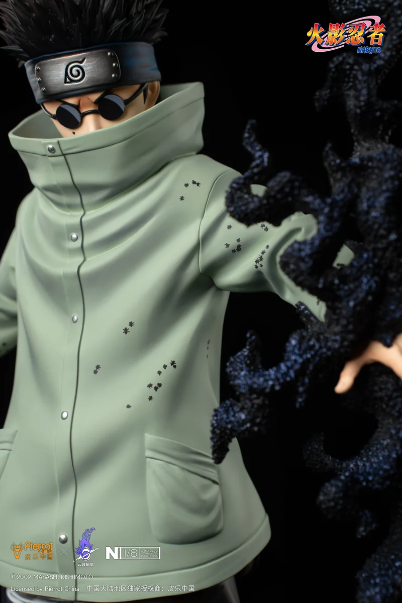 "Official Naruto Licensed Shino Aburame 1/6 resin statue, dynamically posed commanding insects on a dark thematic base, with intricate details."