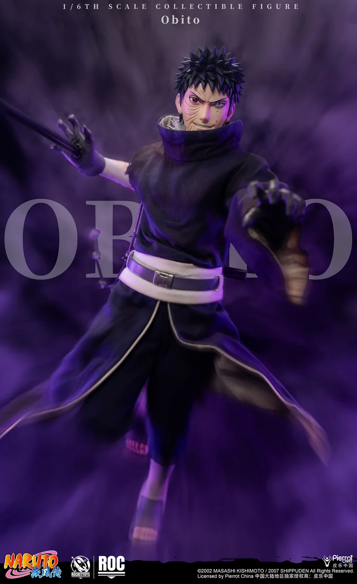 "Ultra-poseable 1/6 Obito Uchiha figure by Rocket Toys, showcasing battle-damaged sculpt details, multiple eye options, and dynamic poses."