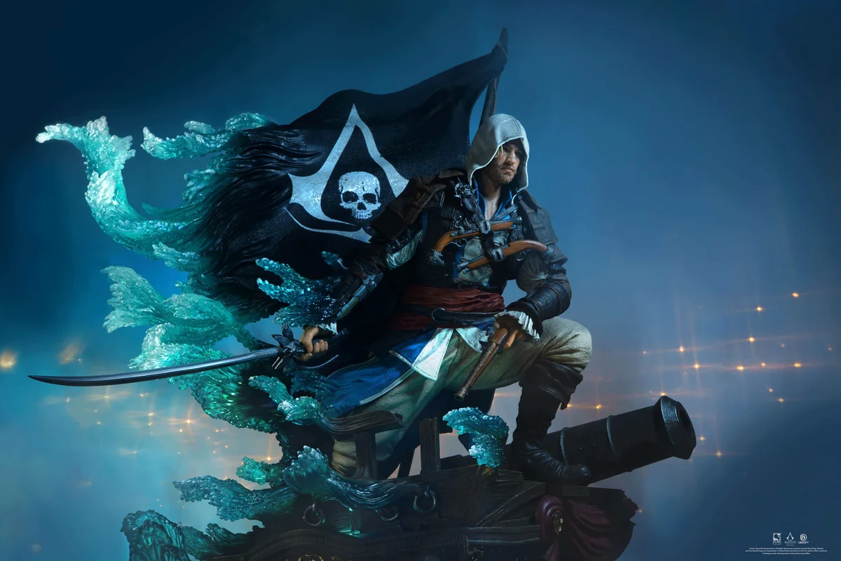 "Official 1/4 Edward Kenway Assassin's Creed light-up statue in a dynamic pose, showcasing intricate details and mystical Animus effects."