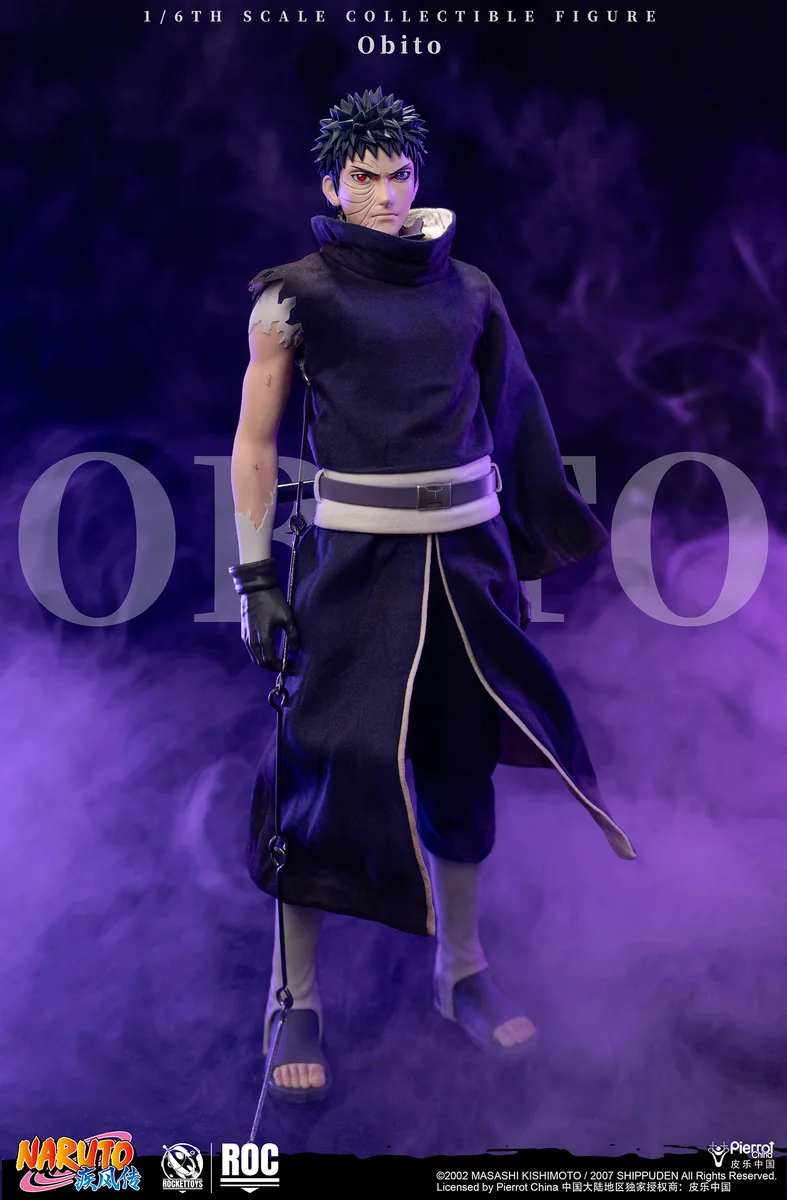 "Ultra-poseable 1/6 Obito Uchiha figure by Rocket Toys, showcasing battle-damaged sculpt details, multiple eye options, and dynamic poses."