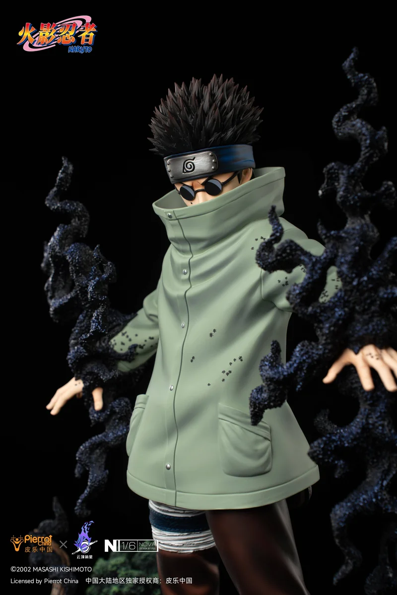 "Official Naruto Licensed Shino Aburame 1/6 resin statue, dynamically posed commanding insects on a dark thematic base, with intricate details."