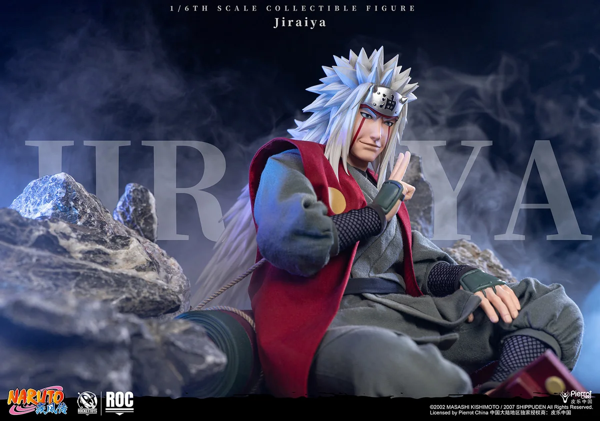 "Premium 1/6 Jiraiya action figure in dynamic poses, highlighting articulation, LED, Sage Mode, and detailed accessories from various angles."