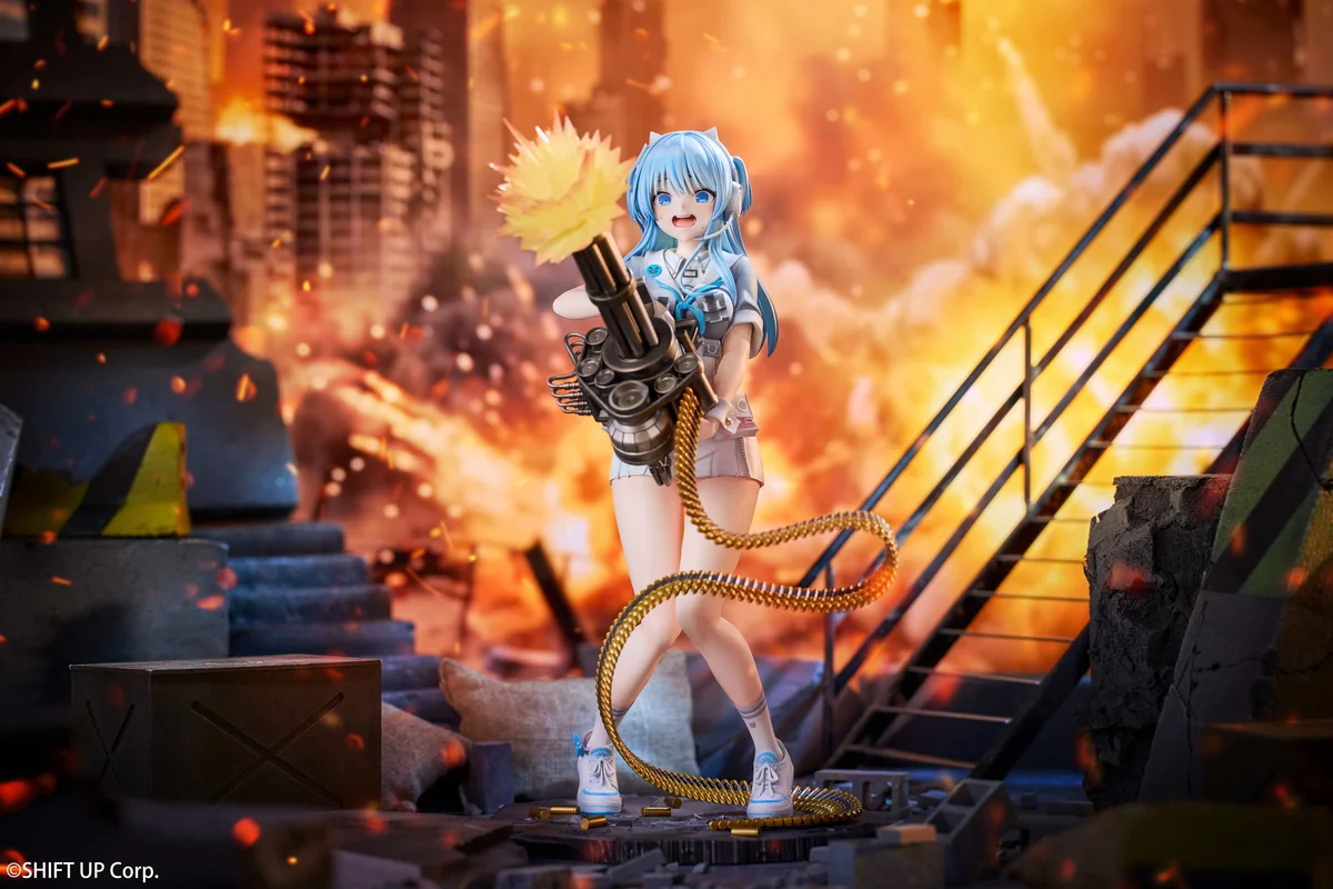 "Authentic 1/7 Hobbysakura NIKKE Shifty statue, detailed views highlight intricate sci-fi gear, dynamic pose, and premium sculpted quality."