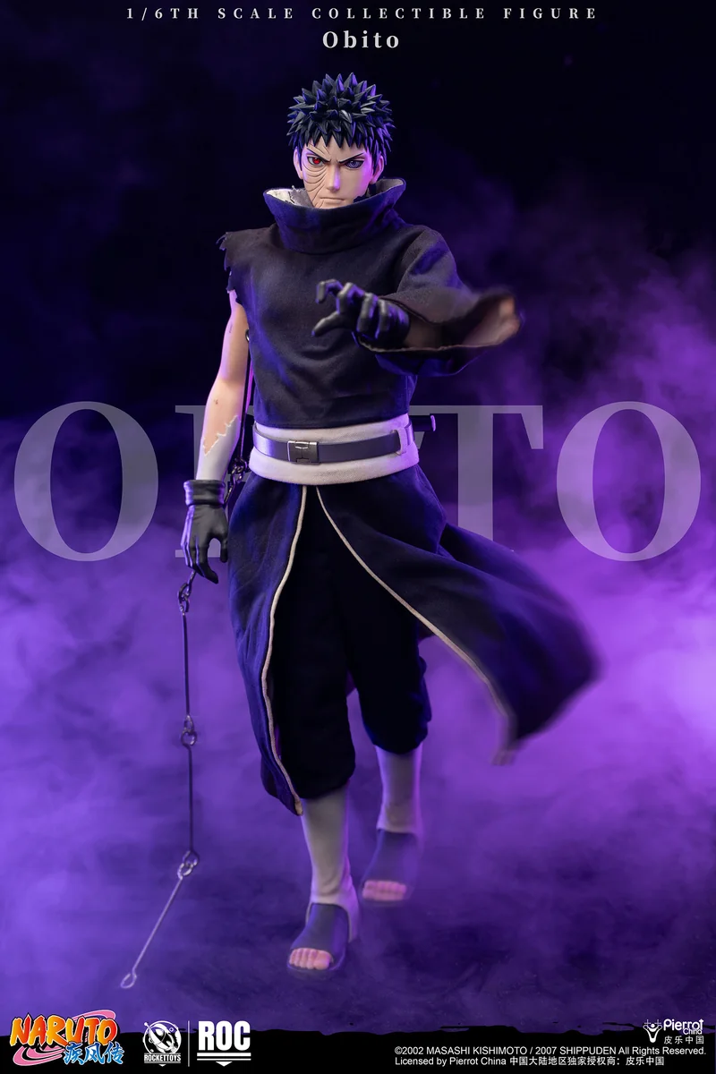 "Ultra-poseable 1/6 Obito Uchiha figure by Rocket Toys, showcasing battle-damaged sculpt details, multiple eye options, and dynamic poses."