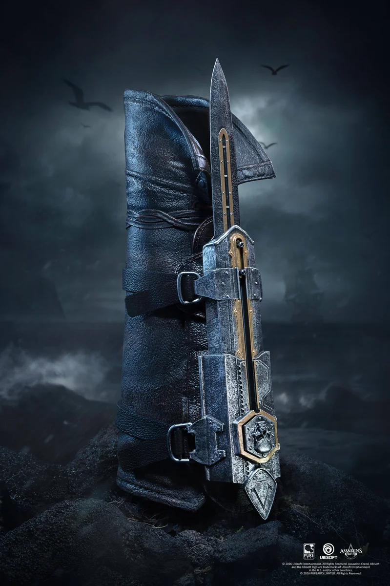 "Authentic 1/1 Edward Kenway Hidden Blade from Assassin's Creed, displaying intricate sculptural details and its fully functional, wearable design."