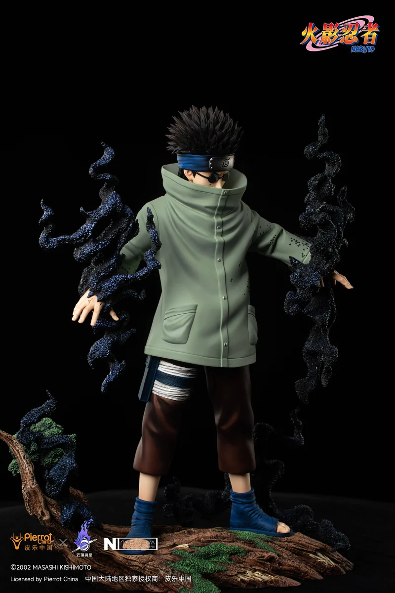 "Official Naruto Licensed Shino Aburame 1/6 resin statue, dynamically posed commanding insects on a dark thematic base, with intricate details."