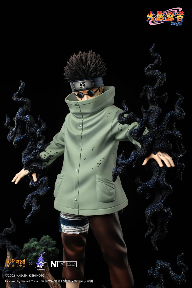 "Official Naruto Licensed Shino Aburame 1/6 resin statue, dynamically posed commanding insects on a dark thematic base, with intricate details."