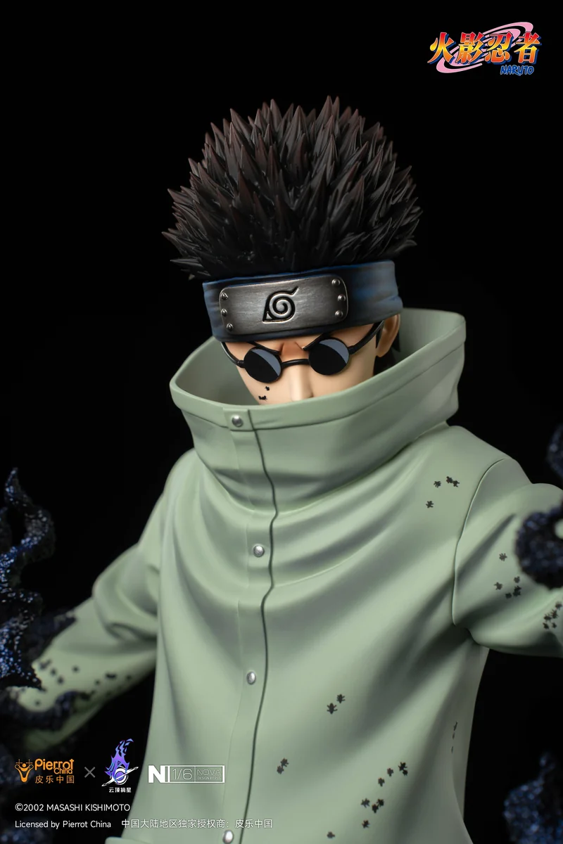 "Official Naruto Licensed Shino Aburame 1/6 resin statue, dynamically posed commanding insects on a dark thematic base, with intricate details."