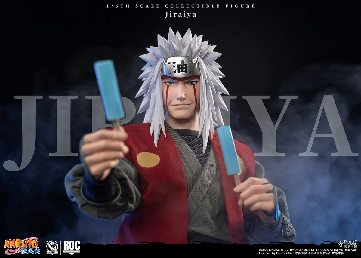 "Deluxe 1/6 scale Jiraiya movable figure from Naruto Shippuden by ROCKET TOYS, showcasing extensive accessories, LED features, and dynamic Sage Mode."