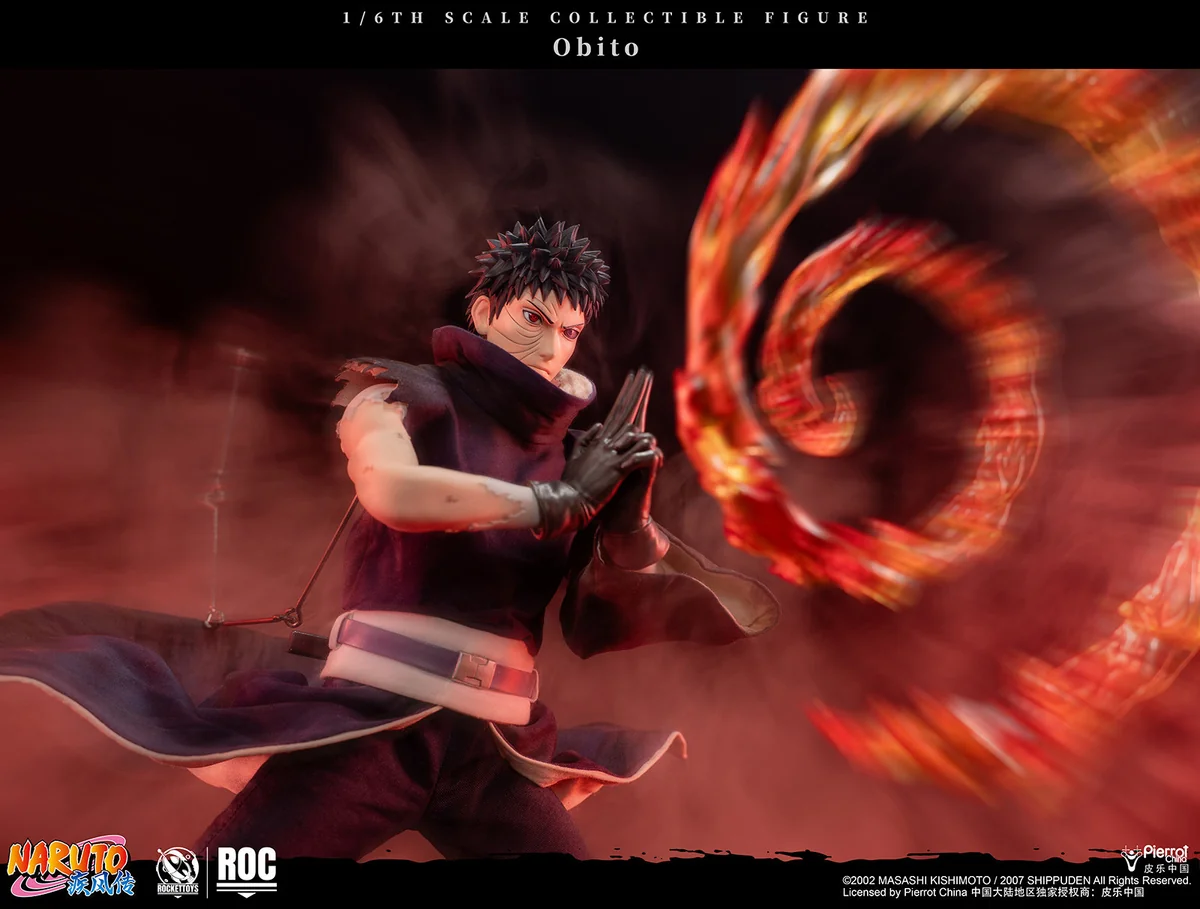 "The 1/6 Obito Uchiha movable statue features ultra-poseable, battle-damaged sculpt, multiple eye options, and dynamic premium details."