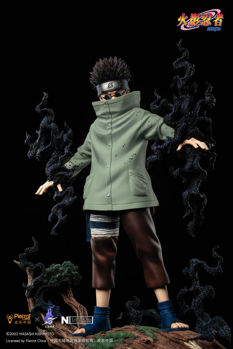 "Dynamic Official Naruto Licensed 1/6 Shino Aburame resin statue. Insect-commanding pose, dark base. Premium sculpt details from various angles."