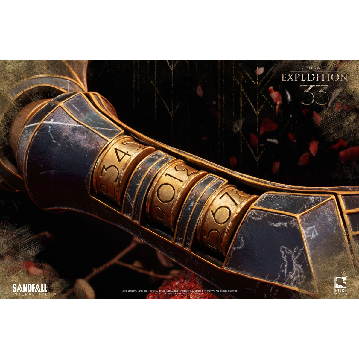 "Detailed views of the 1/1 life-size Clair Obscur Gustave's Arm statue by PureArts Studio, highlighting intricate mechanical-organic sculpted details."