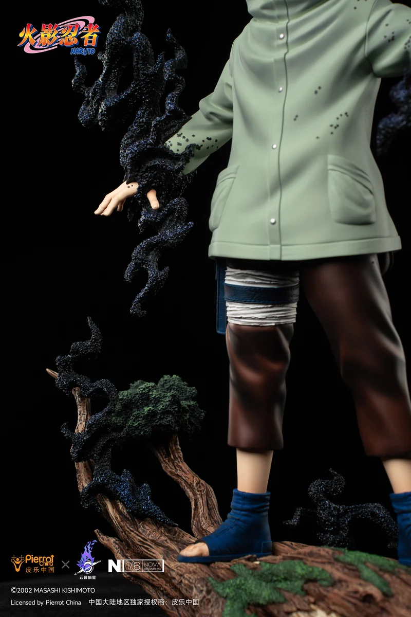 "Official Naruto Licensed Shino Aburame 1/6 resin statue, dynamically posed commanding insects on a dark thematic base, with intricate details."