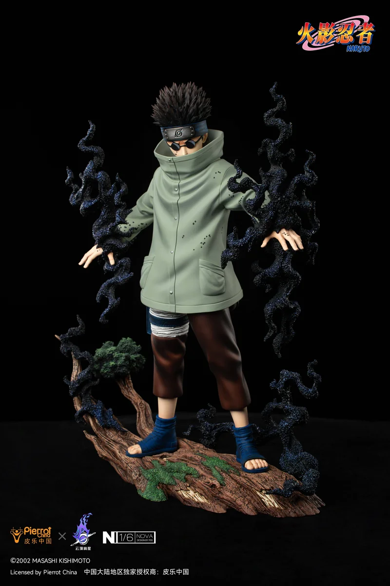 "Official Naruto Licensed Shino Aburame Figure. Dynamic pose, commanding insects, dark base. Detailed sculpt from all angles."