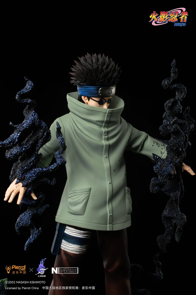 "Official Naruto Licensed Shino Aburame 1/6 resin statue, dynamically posed commanding insects on a dark thematic base, with intricate details."