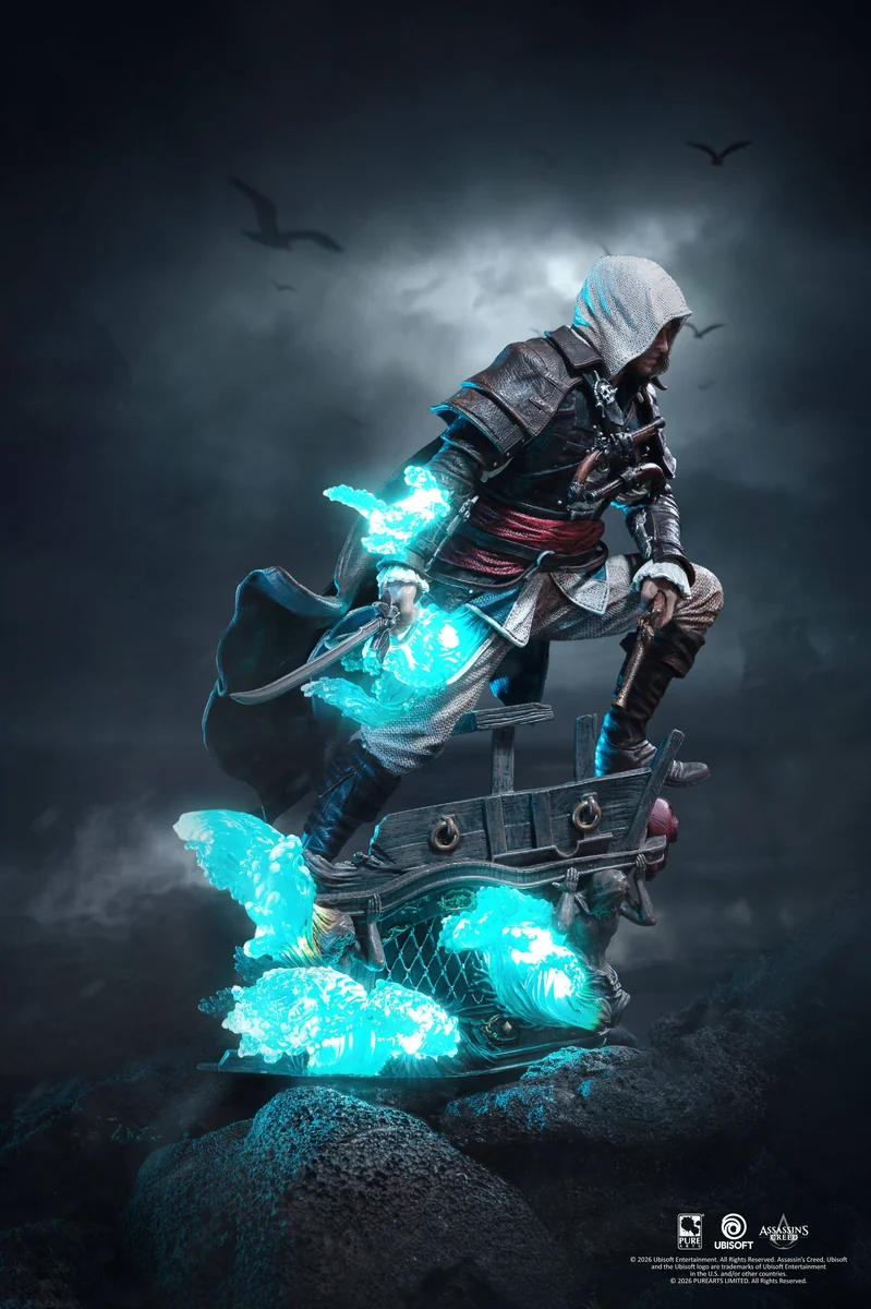 "Edward Kenway Assassin's Creed 1/8 official statue gallery. Authentic sculpt, dynamic pose, and captivating LED Animus effect from various angles."