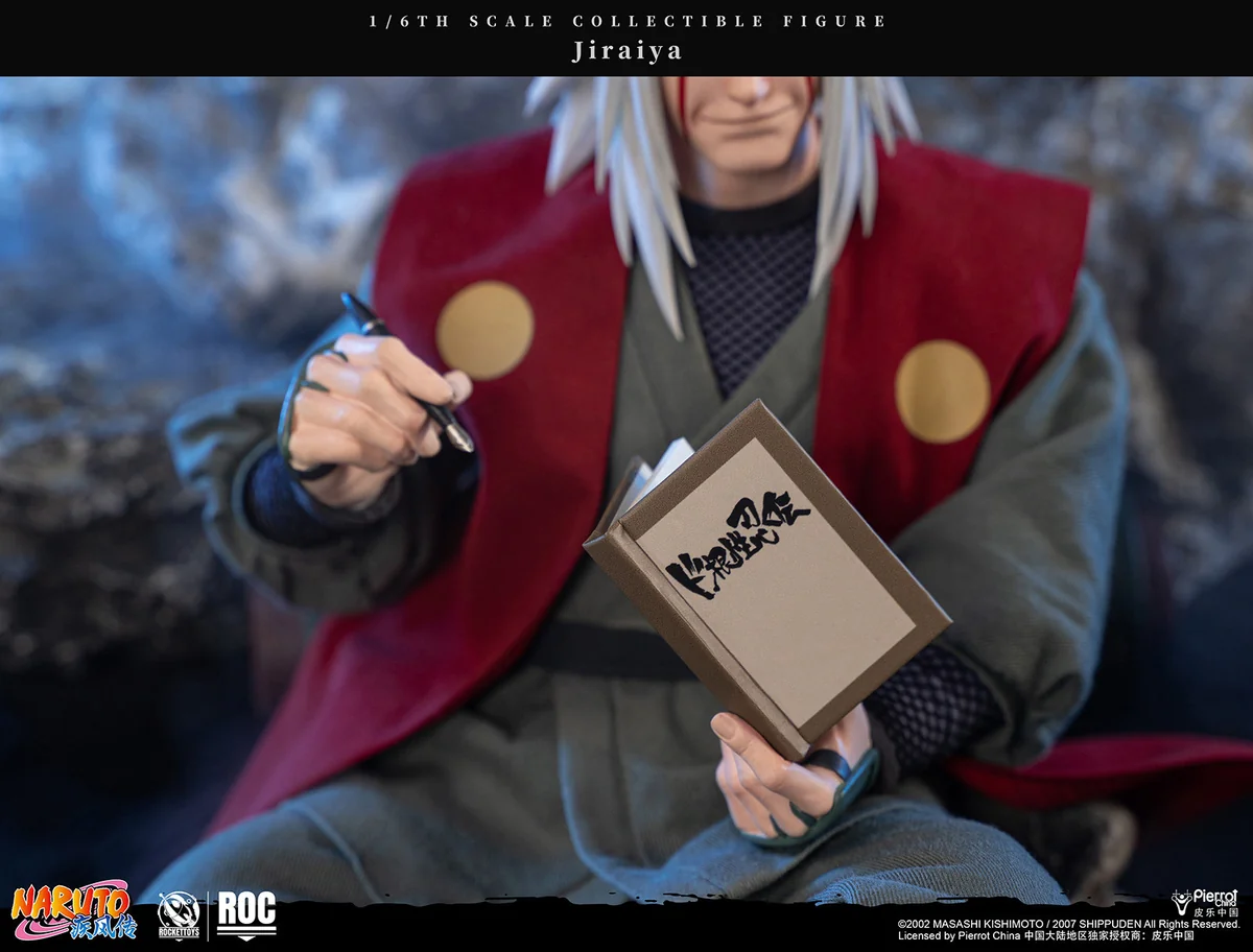 "Deluxe 1/6 scale Jiraiya movable figure from Naruto Shippuden by ROCKET TOYS, showcasing extensive accessories, LED features, and dynamic Sage Mode."