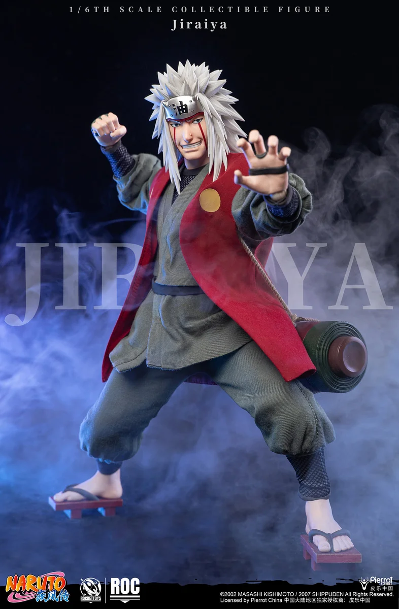 "Premium 1/6 Jiraiya Movable Figure by ROCKET TOYS Studio, highlighting dynamic poses, LED effects, and intricate Sage Mode sculpture details."