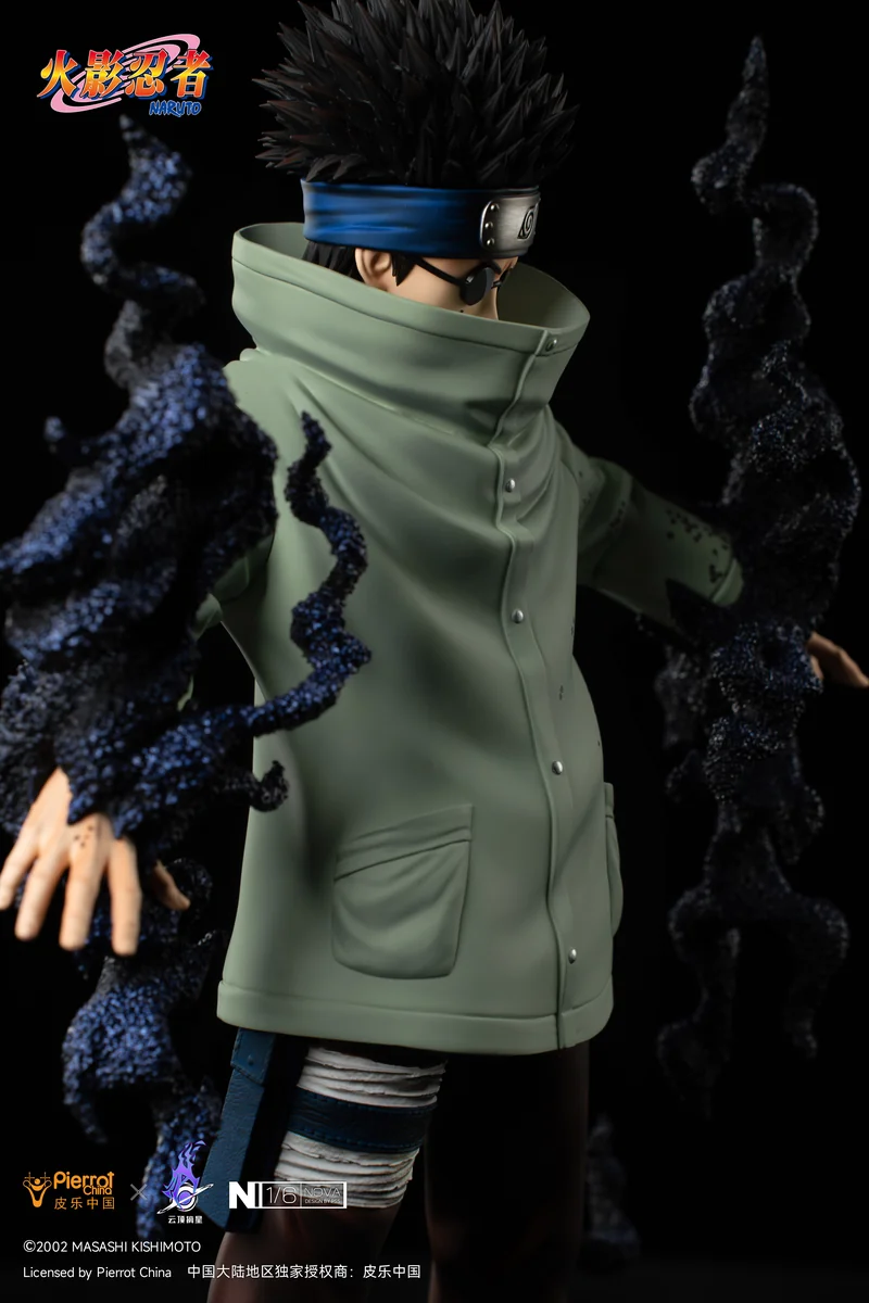 "Official Naruto Licensed Shino Aburame 1/6 resin statue, dynamically posed commanding insects on a dark thematic base, with intricate details."
