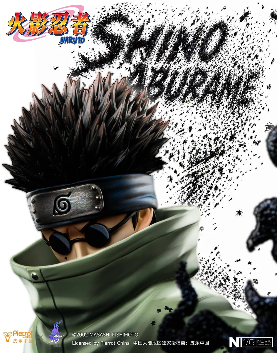 "Dynamic, officially licensed Shino Aburame Naruto 1/6 resin statue. Showcasing commanding insects, intricate sculptural details, and a dark thematic."