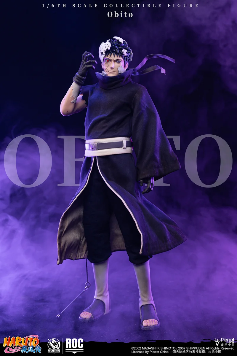 "Dynamic 1/6 Rocket Toys Obito Uchiha movable statue from Naruto Shippuden, detailed from multiple angles, showcasing its ultra-poseable battle-damage."