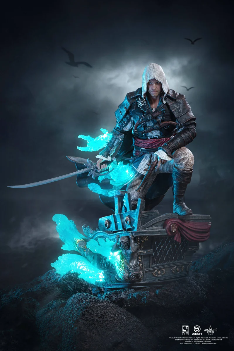 "Premium 1/8 Edward Kenway Assassin's Creed statue with vibrant LED Animus effect, showcasing his dynamic pose and authentic details."