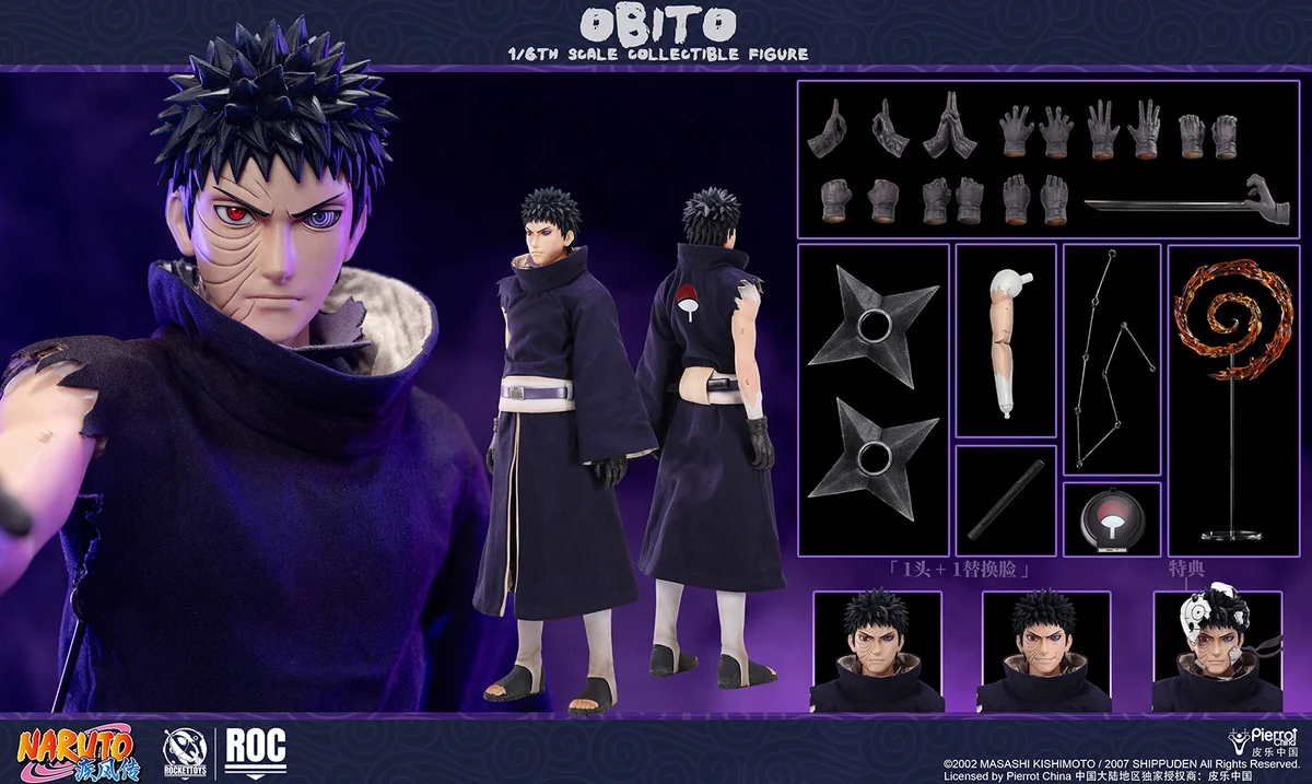 "Main image: Premium 1/6 Obito Uchiha movable statue, showcasing his dynamic, battle-damaged form and ultra-poseable design from Naruto Shippuden."