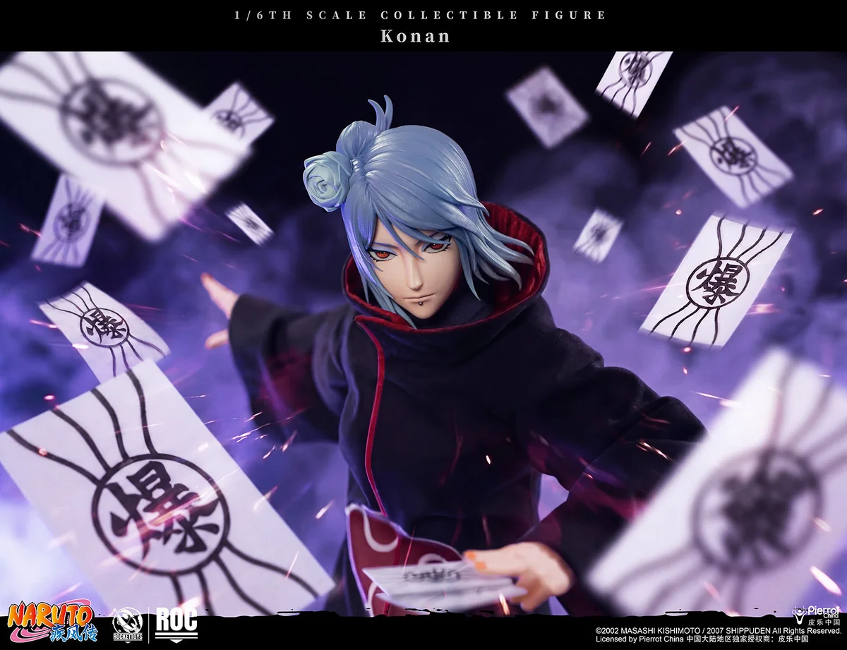"Officially licensed Konan 1/6 scale articulated figure from Naruto, highlighting dynamic Akatsuki attire and intricate sculpted details from multiple."