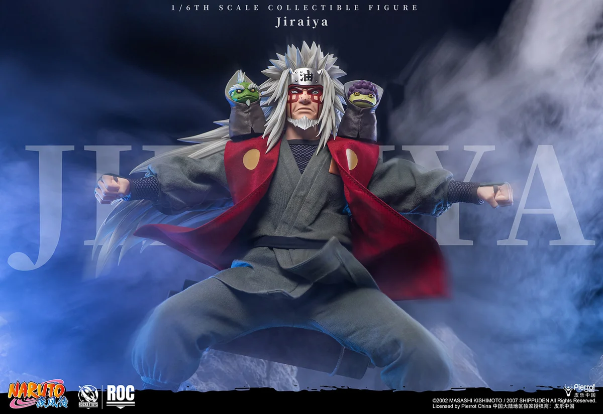 "Deluxe 1/6 scale Jiraiya movable figure from Naruto Shippuden by ROCKET TOYS, showcasing extensive accessories, LED features, and dynamic Sage Mode."