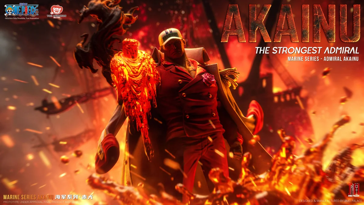"Multiple angles of the 1/6 Licensed Jimei Palace Akainu One Piece Official Resin Statue, showcasing dynamic LED magma effects and intricate sculpting."