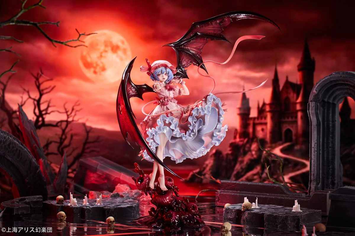 "Views of the 1/7 Remilia Scarlet Touhou Project figure, highlighting her dynamic pose, intricate gothic sculpting, and elegant base details."
