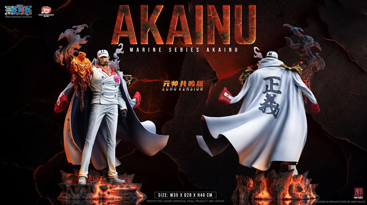 "Official 1/6 Licensed One Piece Akainu resin statue by Jimei Palace Studio, showcasing dynamic LED magma effects from various angles and intricate."