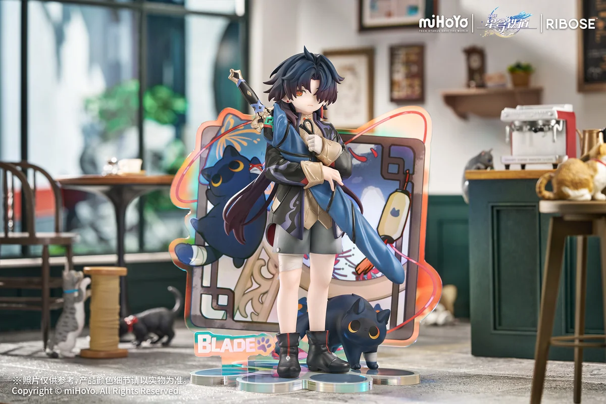 "Adorable Honkai Star Rail Chibi Cat Blade figure, an exclusive statue with playful feline features against a unique, vibrant laser background."
