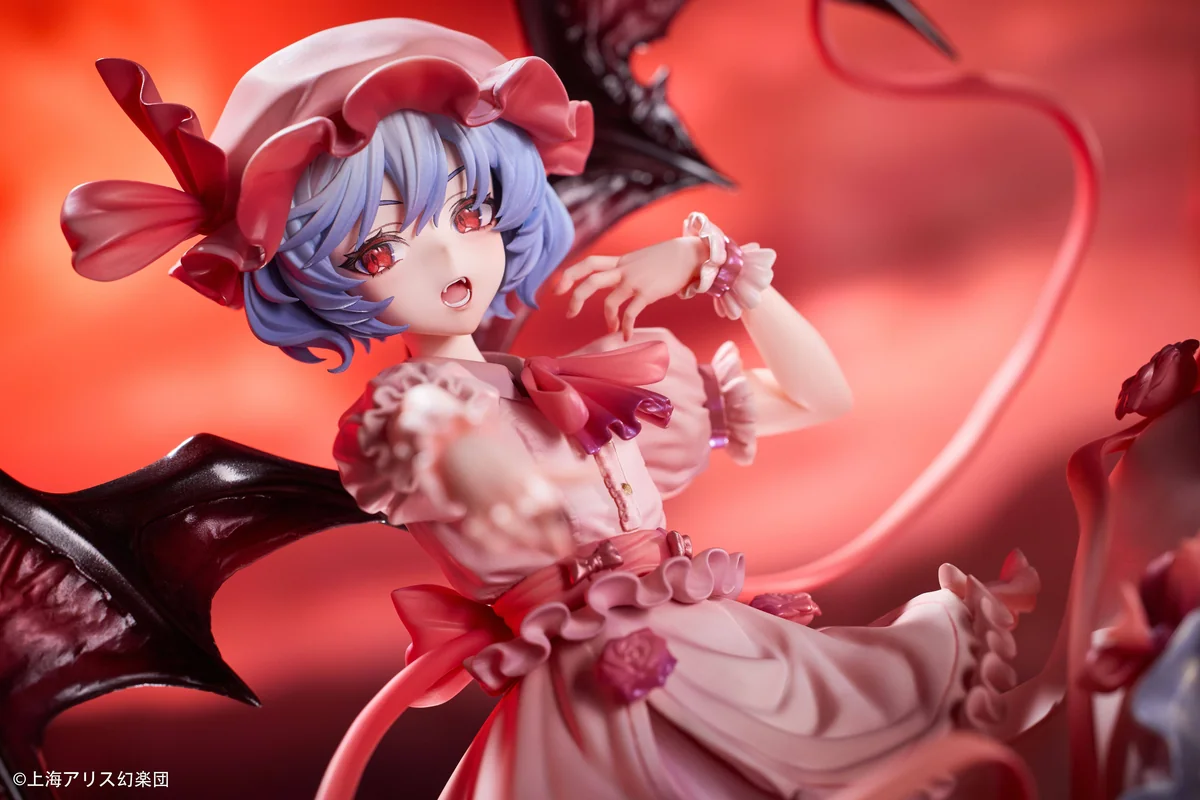 "Detailed view of the 1/7 Remilia Scarlet Touhou Project figure, highlighting her dynamic pose, intricate gothic sculpting, and elegant base."