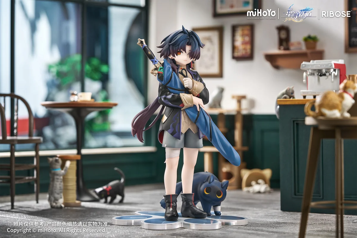 "Adorable Honkai Star Rail Blade Chibi Cat figure. See its exclusive feline details, unique laser background, and playful sculpture from various angle."