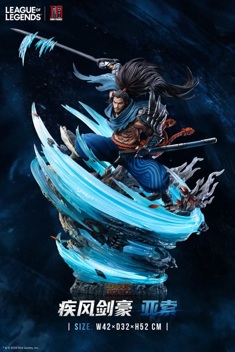 "Officially licensed Yasuo 1/6 statue in a dynamic wind elemental pose, featuring dual LED light-up effects and detailed elements for League of Legend."