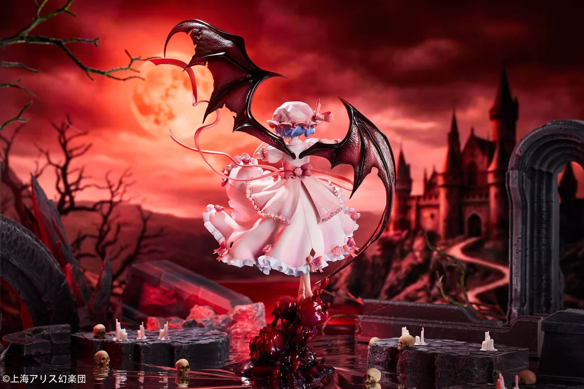 "Multiple angles of the 1/7 Remilia Scarlet Touhou Project official statue, showcasing her dynamic pose, intricate gothic sculpting, and elegant base."