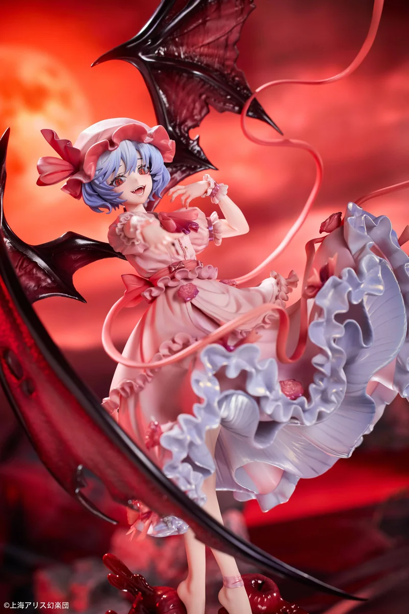 "Detailed view of the 1/7 Remilia Scarlet Touhou Project figure, highlighting her dynamic pose, intricate gothic sculpting, and elegant base."