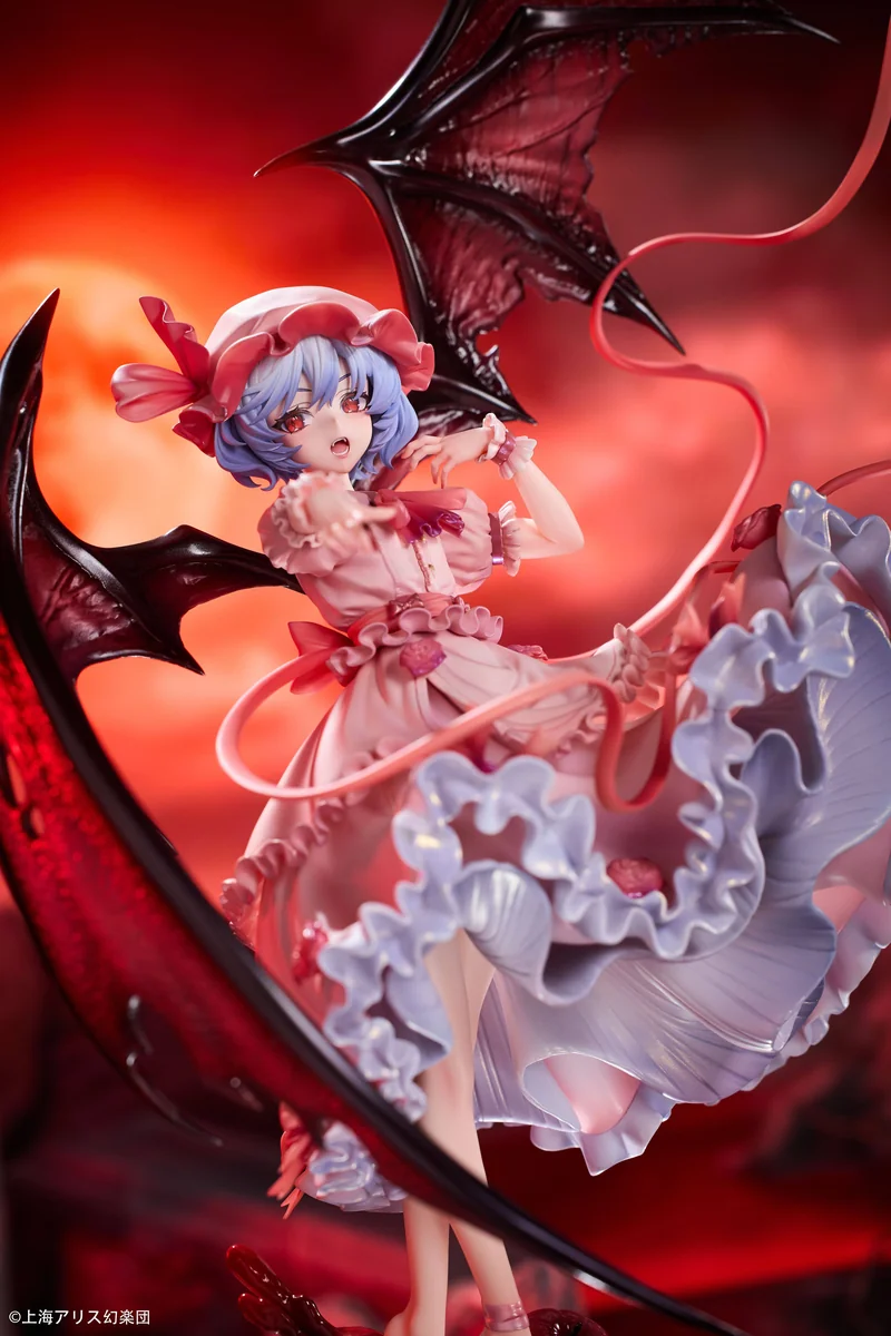 "Detailed view of the 1/7 Remilia Scarlet Touhou Project figure, highlighting her dynamic pose, intricate gothic sculpting, and elegant base."