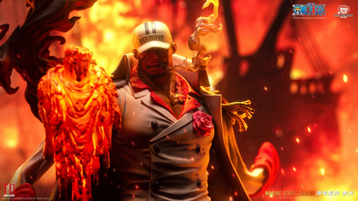 "Official One Piece Akainu Collector's Edition A resin statue by Jimei Palace, featuring dynamic LED magma effects."