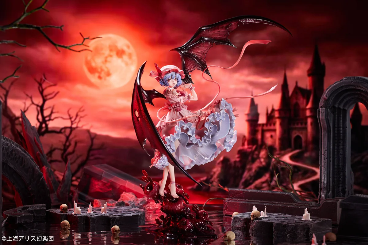 "Detailed views of the 1/7 Remilia Scarlet Touhou Project statue by Novel Stel Studio, showcasing her dynamic pose, intricate gothic sculpting."