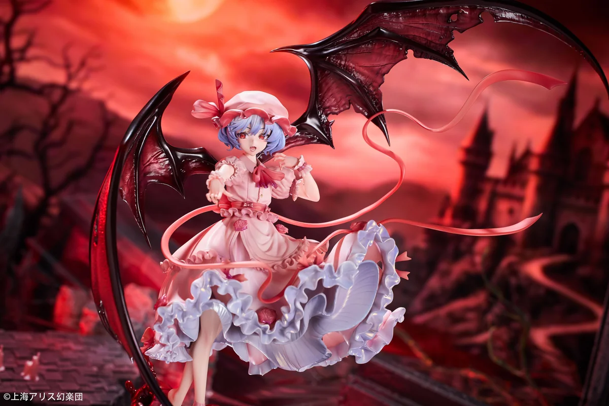 "Remilia Scarlet 1/7 Touhou Project figure. Gallery shows dynamic pose, intricate gothic sculpting, and elegant base from multiple angles."