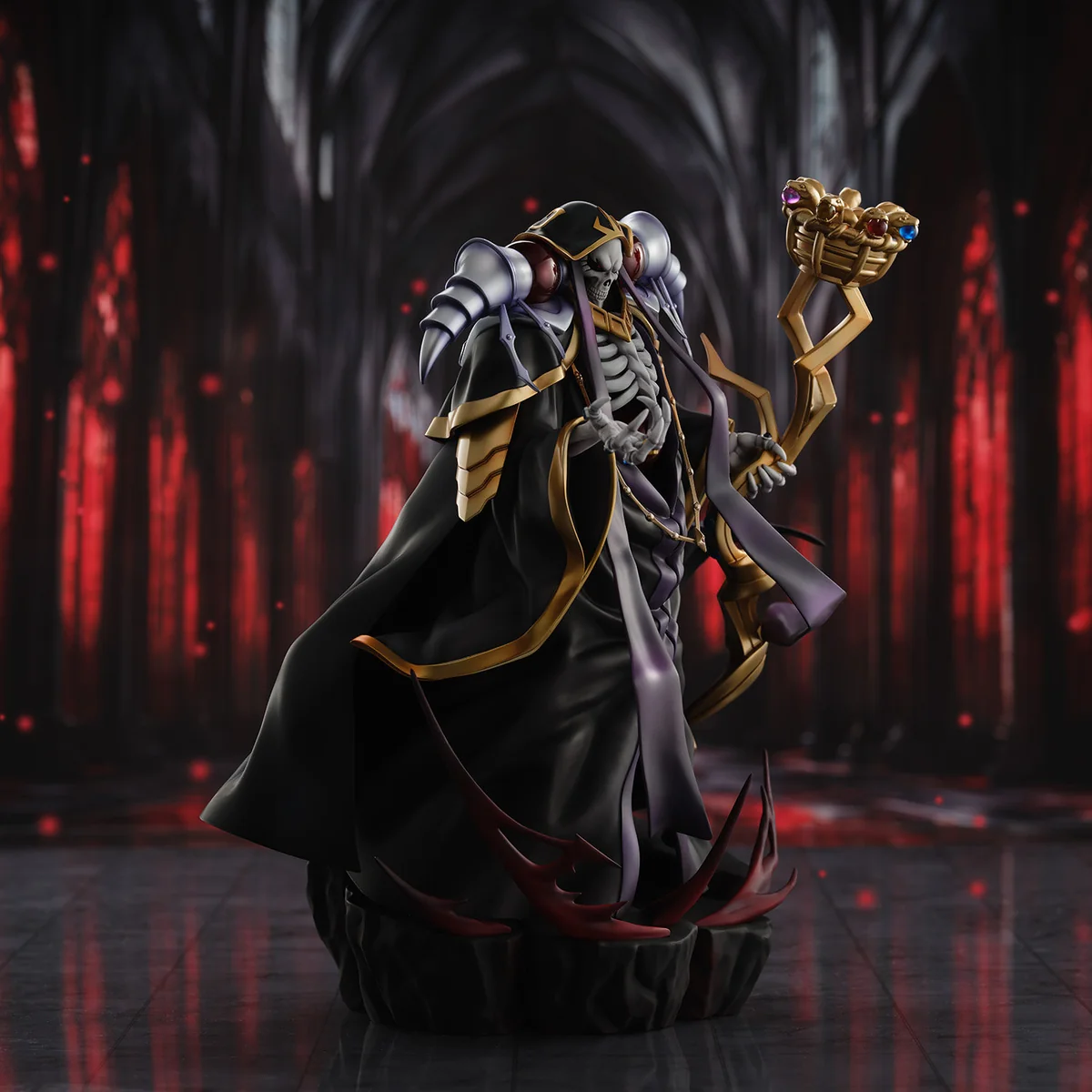 "Grand 43cm Ainz Ooal Gown 10th Anniversary so-bin ver. Overlord statue. Multiple views of the majestic skeletal king and throne, highlighting."
