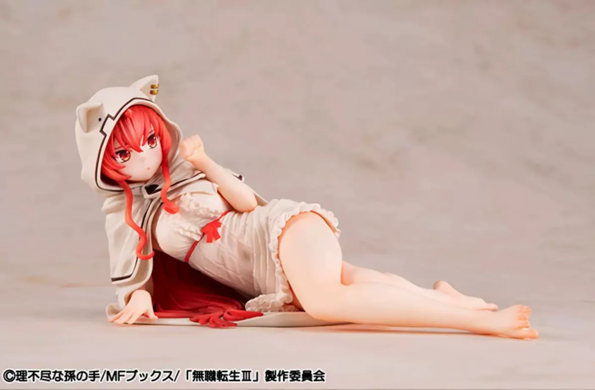 Adorable Melty Princess Eris from Mushoku Tensei, a playful palm-sized figure in a relaxed pose, perfect for a cozy display.