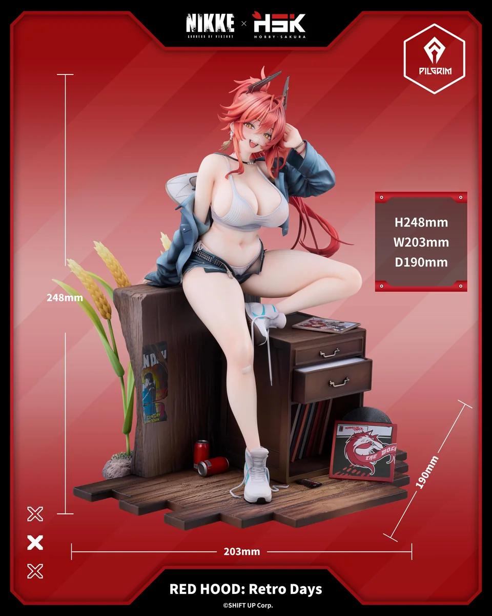 "Official NIKKE Little Red Hood 1/7 scale statue by HobbySakura, showcasing her dynamic, battle-hardened pose in a nostalgic futuristic setting."